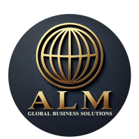 DALL·E 2025-02-01 14.07.20 - A modern logo for 'ALM Global Business Solutions' with gold lettering on a deep blue or black background. The design should include a sleek, professio